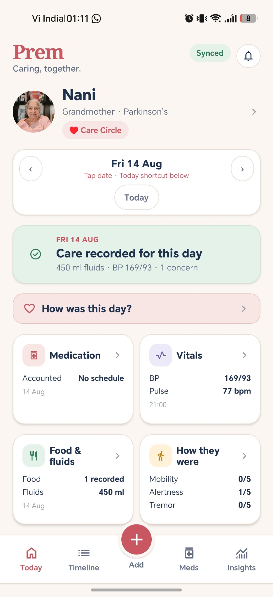 Actual Prem app Today screen showing care recorded, medication, vitals, food and fluids, and how they were