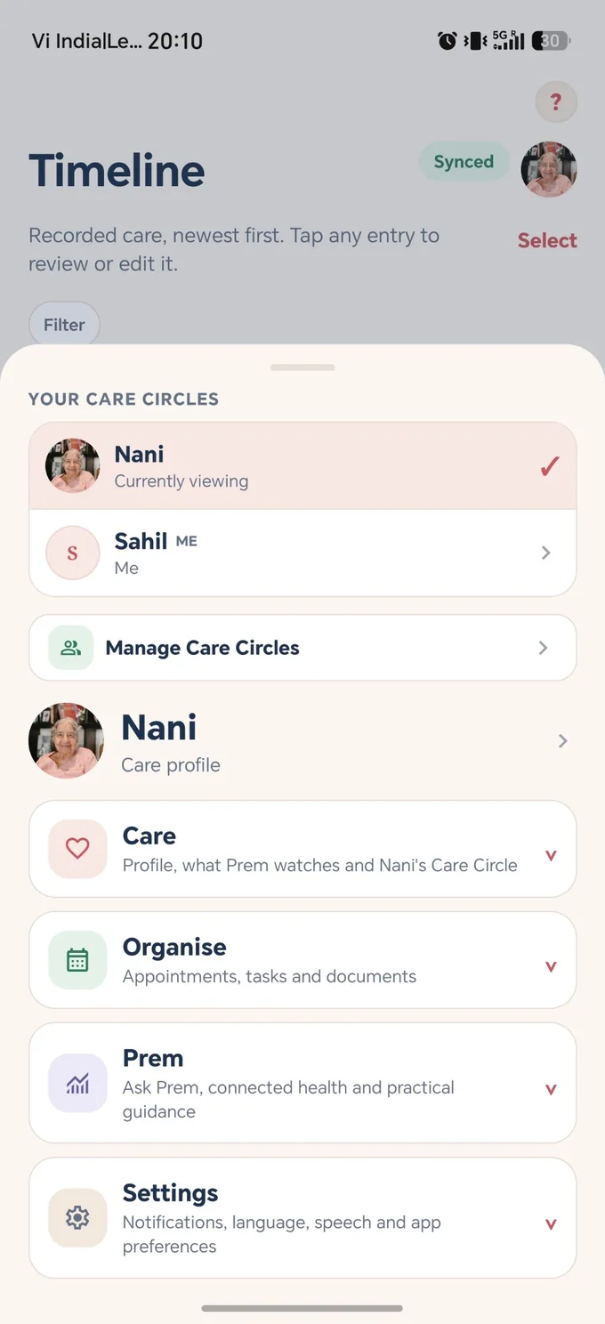 Prem Care Circles showing Nani and a separate personal care circle